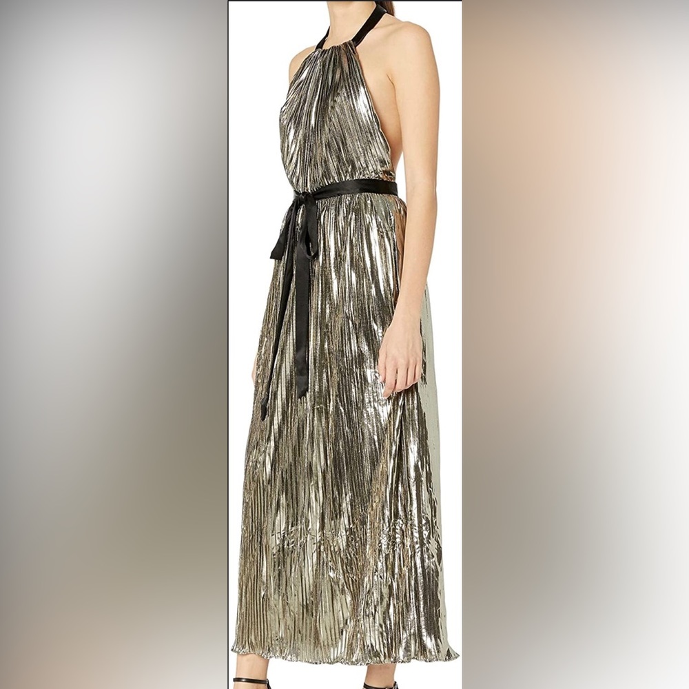NWT A B S by ALLEN SCHWARTZ Pleated Lame Halter Neck Fown with exposed back - Picture 1 of 2